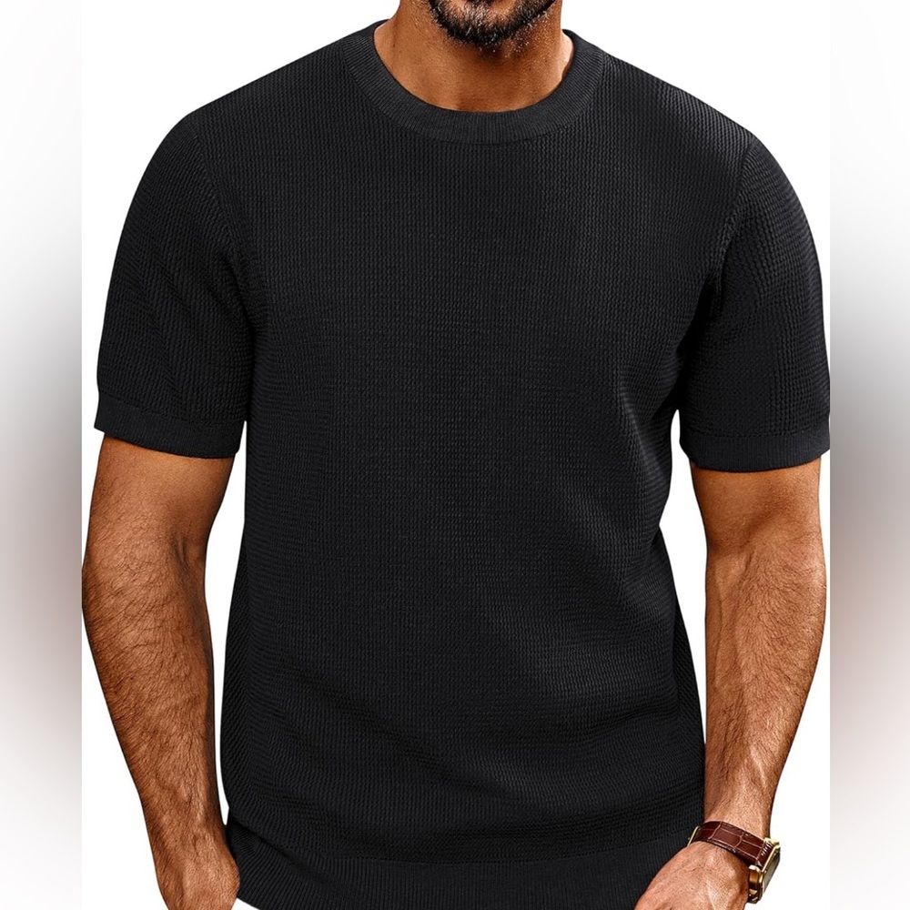 PJ PAUL JONES Mens Knit Short Sleeve Crewneck Shirt Casual Textured Pullover- L